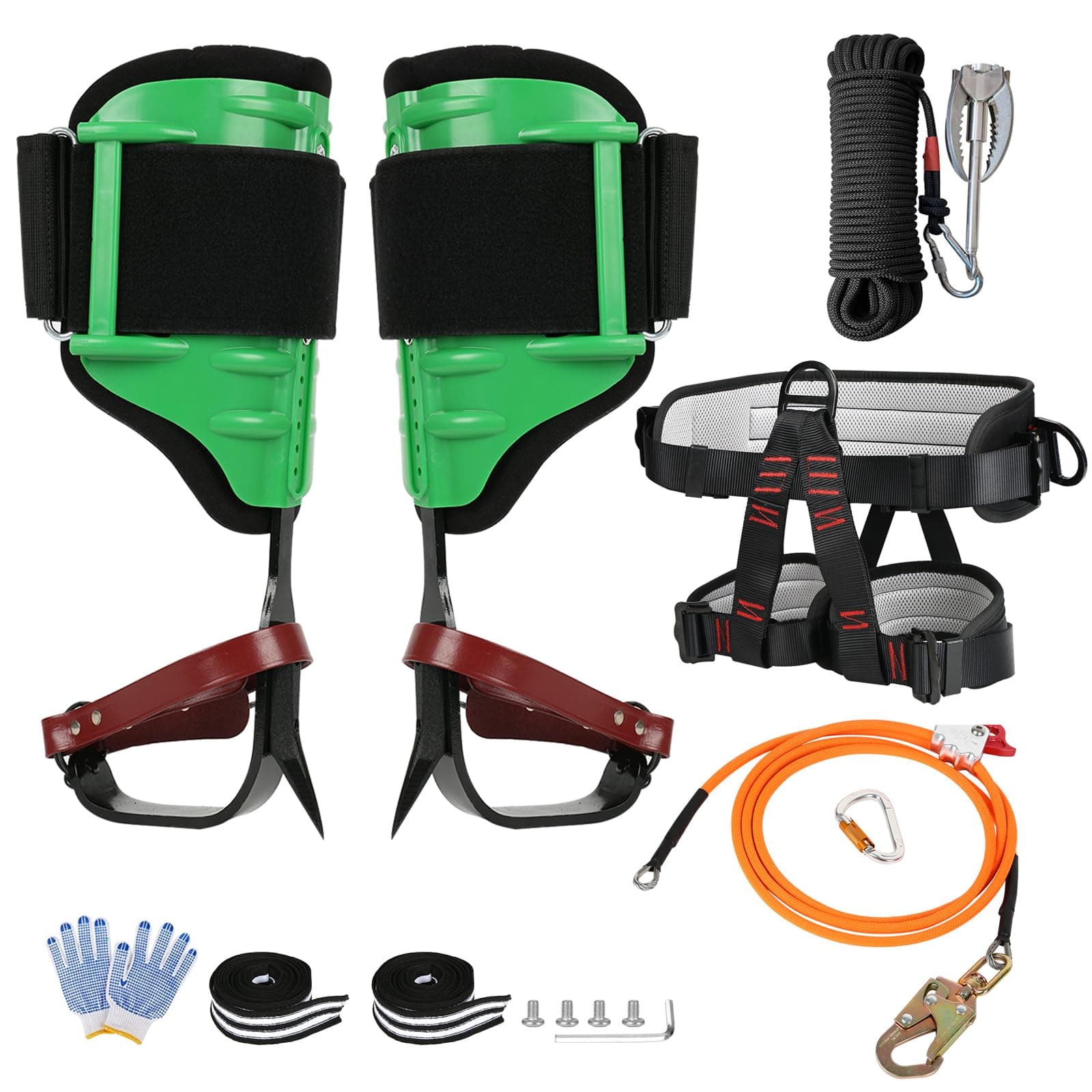 JATCSG Tree Climbing Gear Kit, Tree Climbing Spikes with Climbing Belt, Steel Wire Core Flip Line and Grappling Hook with 20m Rope, Tree Climbing Kit Tools with Triple Lock Lanyard Adjuster