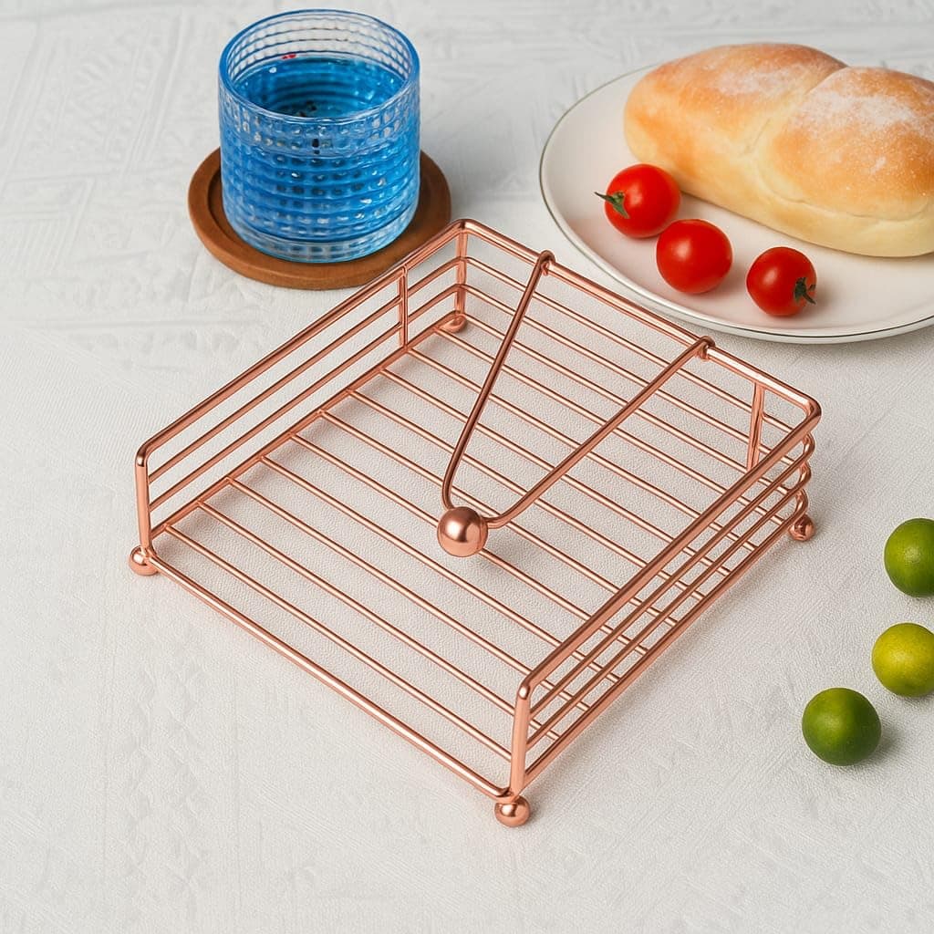 Napkin Holder for Dining Table - with Weighted Arm - Modern Tissue Paper Organiser Tissue Roll Holder for Kitchen, Restaurant, Farmhouse, Diwali Decoration - Hotel Tableware (Rose Gold)