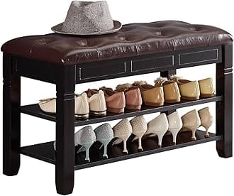 Shoe Storage Bench, Entryway Shoe Rack with Fiberleather Seat 2-Tier Lift Top Organizer Wooden Shoe Bench for Entryway Hallway Living Room (Black 31.5x13.8x18.9'')