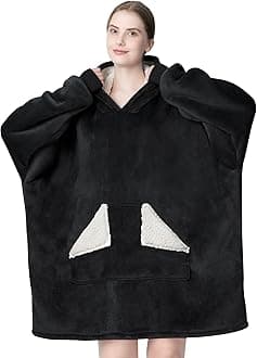 Touchat Wearable Blanket Hoodie, Oversized Sherpa Blanket Sweatshirt with Hood Pocket and Sleeves, Gifts Hooded Blanket for Adult Women Men (Black)