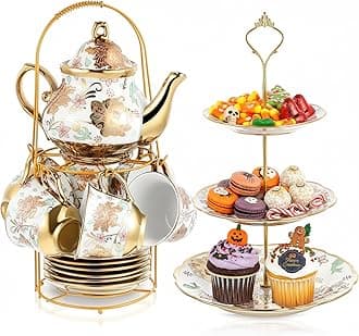 Maxcheck 21 Pcs Porcelain Tea Set for Women Tea Party with Metal Holder and 3 Tier Cake Stand Ceramic European Floral Teapot Set for Adults Mother's Day Christmas Thoughtful Gift(Classic Style)