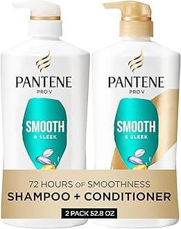 Pantene Shampoo & Conditioner Set, Smooth and Sleek - Frizz Control with Antioxidants, Nourishing for All Hair Types - Curly, Dry, Color-Treated, 52.8 Oz Total + Miracle Rescue Shot (0.5 Oz)