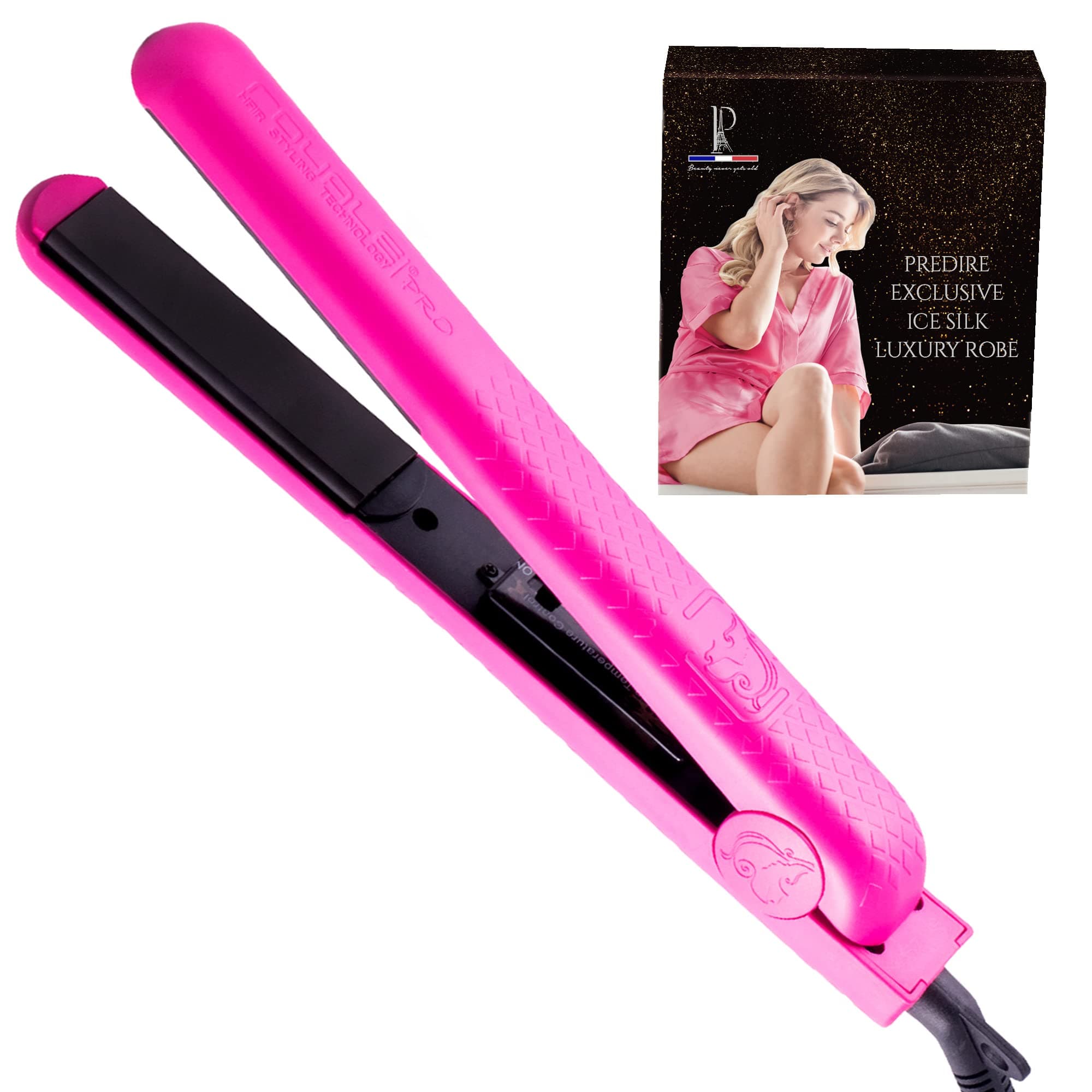 Royale Ionic Flat Iron Luxury Ceramic Tourmaline 2 in 1 Hair Straightener & Curler + Predire Robe - Single Pass, Floating Plates, Anti-Frizz 1" (Pink)