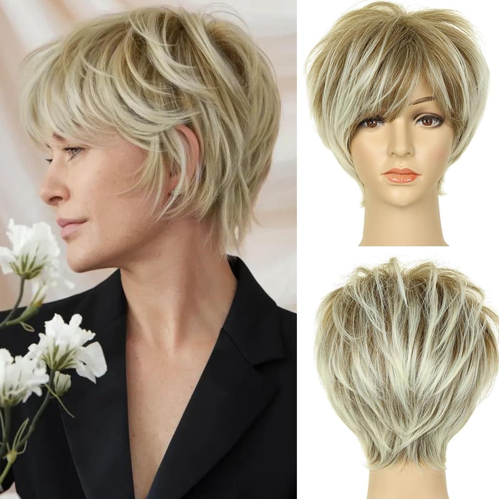 Pixie Cut Wig with Bangs for White Women Short Blonde with Dark Roots Synthetic Heat Resistant Hair for Party Daily Use Wear and Go Glueless Wig (Ombre Brown Blonde)