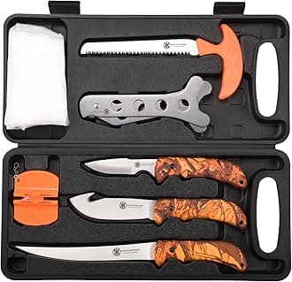 Hunting Deer Knife Set Field Dressing Kit Portable Game Processor Set Red Maple Camo Handle, 8 Pieces