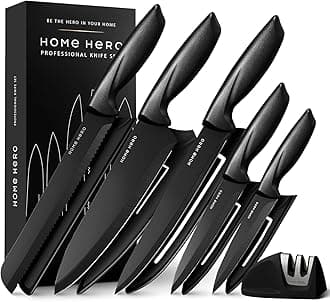 Home Hero 5-Piece Kitchen Knife Set with Protective Sheaths & 2-Stage Sharpener, Black Stainless Steel Chef, Bread, Carving, Utility & Paring Knives