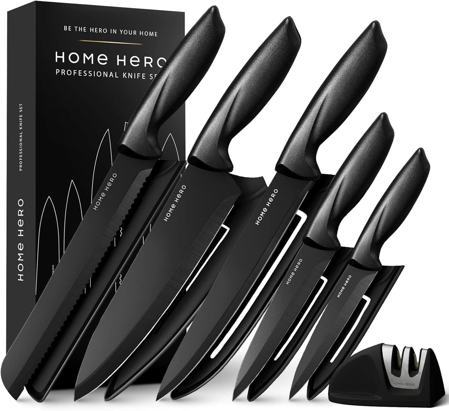 Ultra-Sharp Stainless Steel Kitchen Knife Set - Chef Knives Set (5 Knives, 5 Sheath, Sharpener - Black)