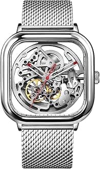 Automatic Mechanical Watch C Series Skeleton Analog Wrist Watch with Milanese and Leather Strap Sapphire Crystal Mirror Gifts for Men and Women