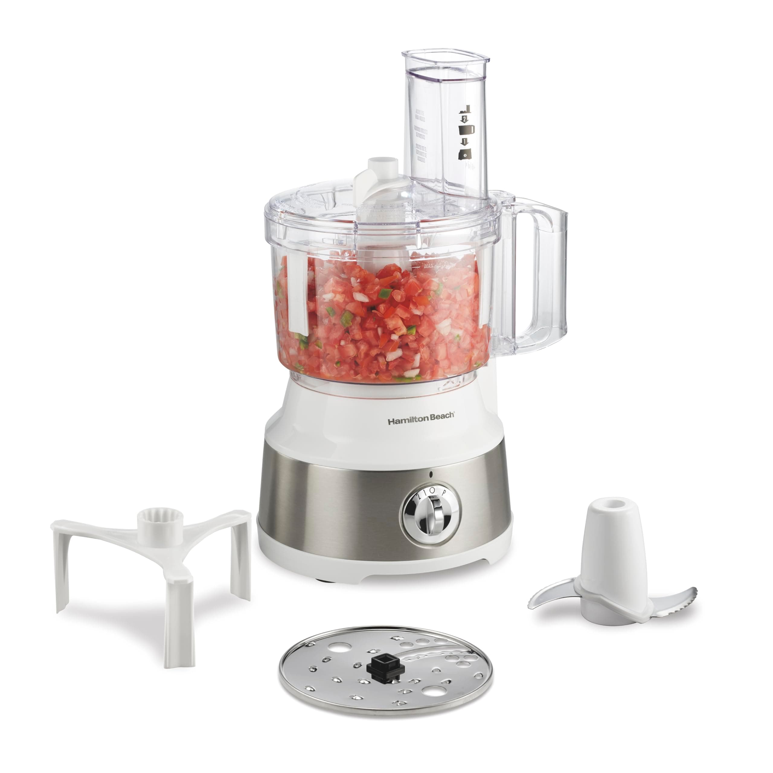 - Hamilton Beach Food Processor & Vegetable Chopper for Slicing, Shredding, Mincing, and Puree, 10 Cups + Easy Clean Bowl Scraper, White and Stainless Steel (70733)