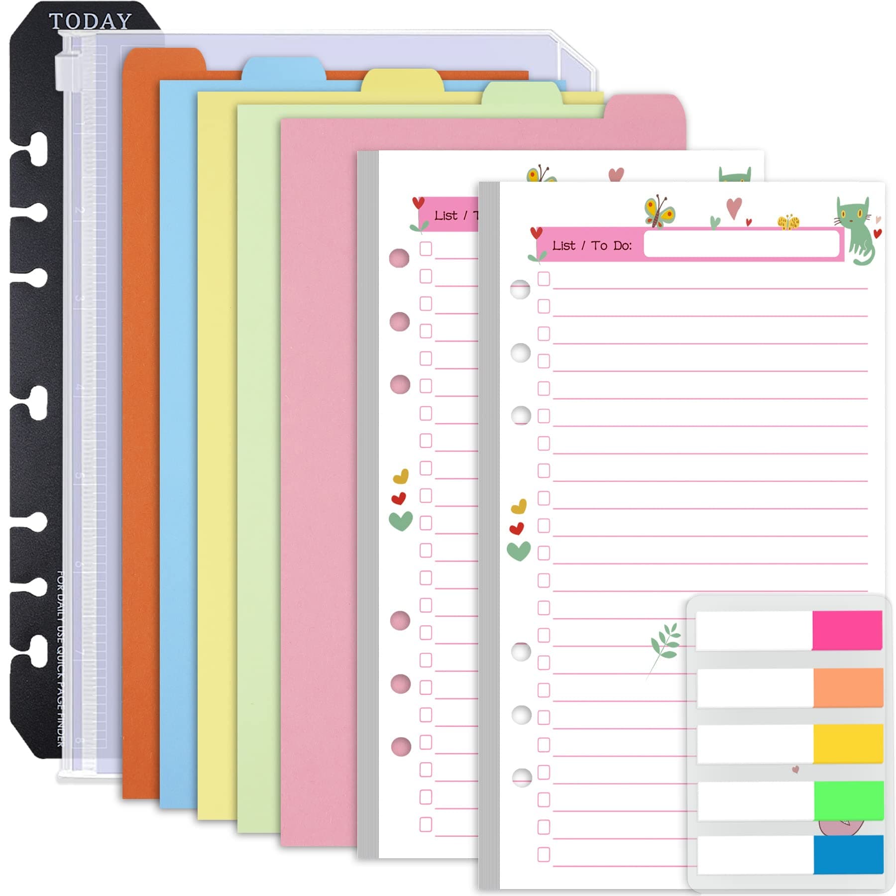Rancco A6 Planner Inserts to Do List, 90 Pages Colorful 6-Ring Loose-leaf Planner Refills w/Binder Divider, Zipper Pouch, Ruler, Index Tab for Personal Journal, Filofax, Double-sided,Undated,6.9x3.7"