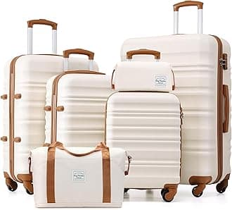 LONG VACATION - ABS suitcase luggage set with TSA lock spinner wheels, White (White-Brown), Set de 6 piezas, Abs Hardshell Tsa Lock Spinner Wheels Luggage Set