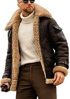EsukAr Mens Aviator Shearling Sheepskin Leather Bomber Flying Jacket