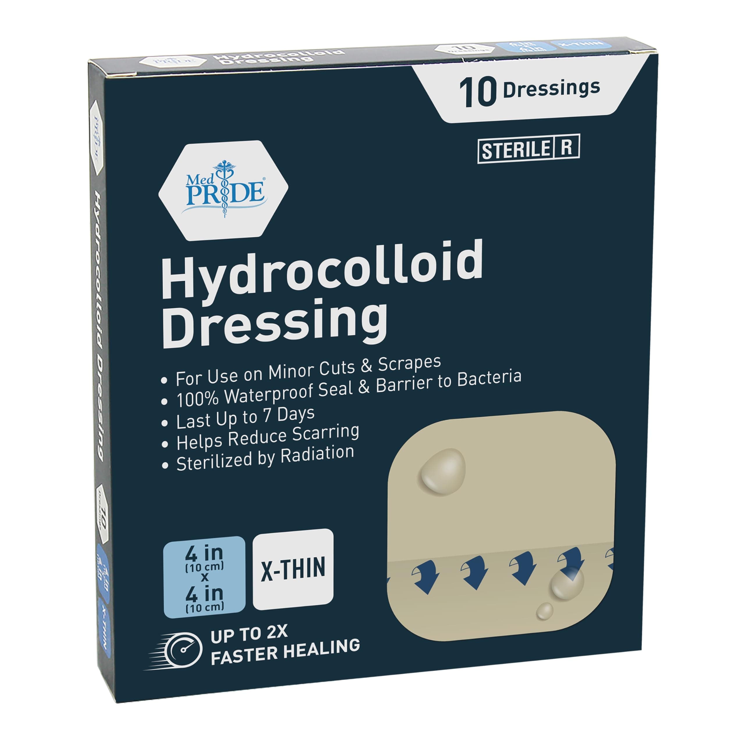 MED PRIDE Hydrocolloid 4'' X 4'' Wound Pads | Pack of 10 Sterile Adhesive Stickers | Individually Packed, Highly Absorbent, Water Resistant & Comfortable | Multi-Day Use