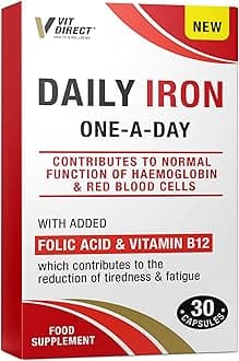 Daily Iron Supplements - 30 Capsules - with Added Folic Acid & Vitamin B12 - Supports Haemoglobin & Red Blood Cell Function - Reduces Tiredness & Fatigue - Energy Supplements
