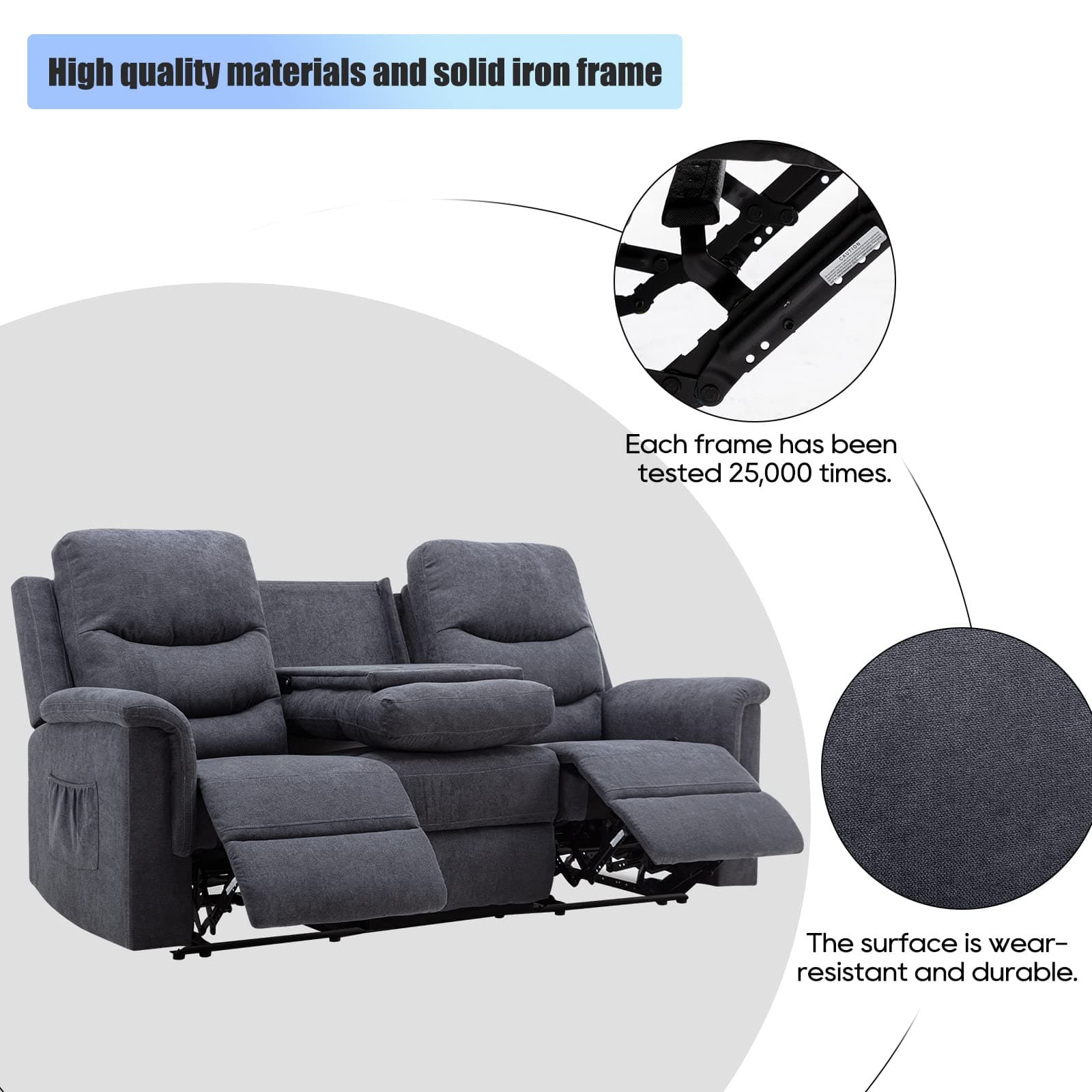 Consofa Reclining Sofa, Recliner Sofa 3 Seater with Flipped Middle Backrest, 2 Cup Holders, Manual Wall Hugger Couches for Living Room, Home Theater Seating Loveseat Recliner Sofa