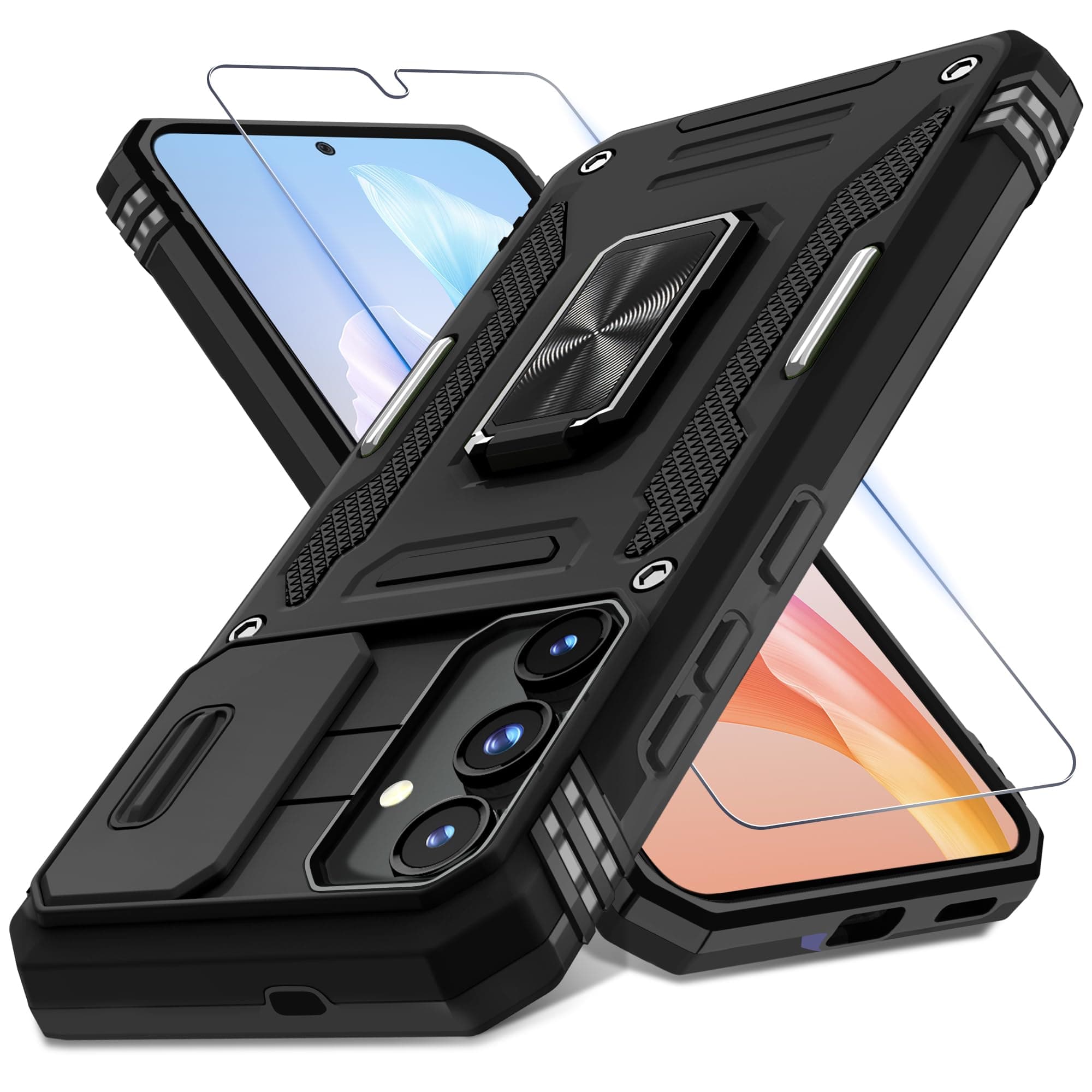 DEERLAMN Case for Samsung Galaxy S24+ Plus with Slide Camera Cover+Screen Protector (1 Pack), Rotated Ring Kickstand Military Grade Shockproof Protective Cover-Black