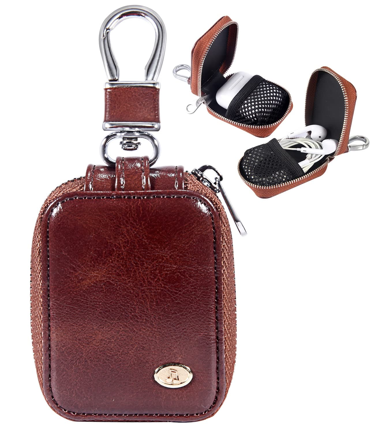 MRPLUM Earbud Carrying Case Small Compatible with PU Leather Hard Portable Earphone Case Protective Storage Pouch Bag with Mesh Pocket & Keychain for Wireless Headphone USB Cable (Brown)