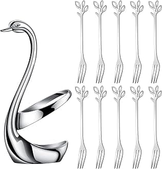 AnSaw Elegant Swan Base Holder Set with 10 pcs Silver Leaf 4.7" Stainless Steel Mini Forks for Appetizer, Fruit, Dessert, Cake & Salad