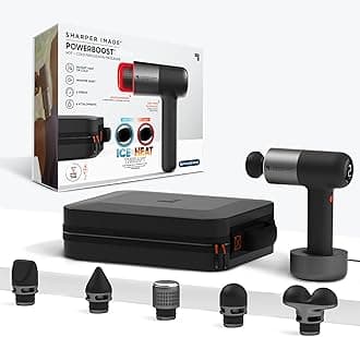 Sharper Image Powerboost Pro Hot + Cold Percussion Neck Massager, Hot + Cold Dual Temperature Massage Node, 6 Speed Settings, 6 Attachments, Quiet Brushless Motor, Black