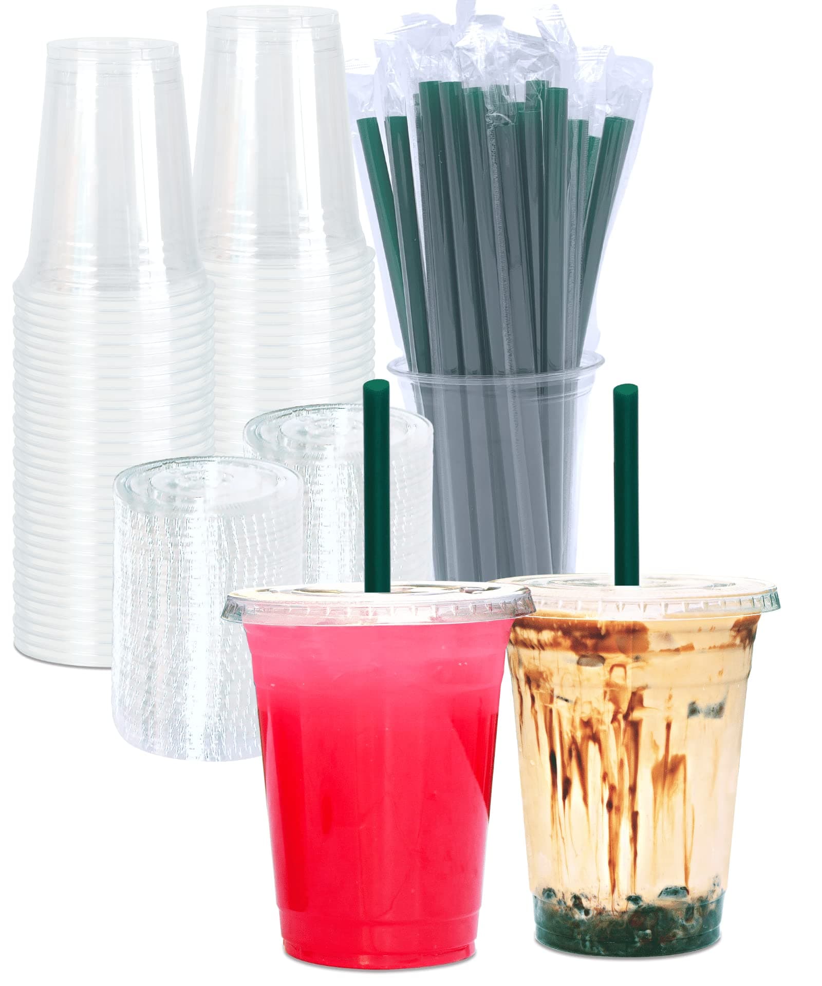 16 oz clear plastic cups with lids & straws