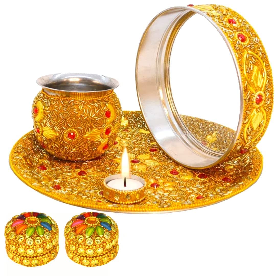 Karva Chauth Thaali Set, Beaded Krawa Chauth Thali Set with Kalash Chalni Diya singhora sindoor Box Combo Thaali Set (Thali Set with Diya)