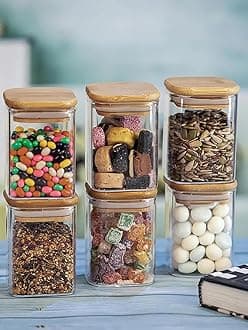 Jinelza Square Glass Jar wooden lid for Food Storage Containers Set,Airtight Food Jars with Bamboo Lids Glass Jar with Wooden Lid for Kitchen Container for Sugar Glass Kitchen (320ML JAR, 3 PCS)