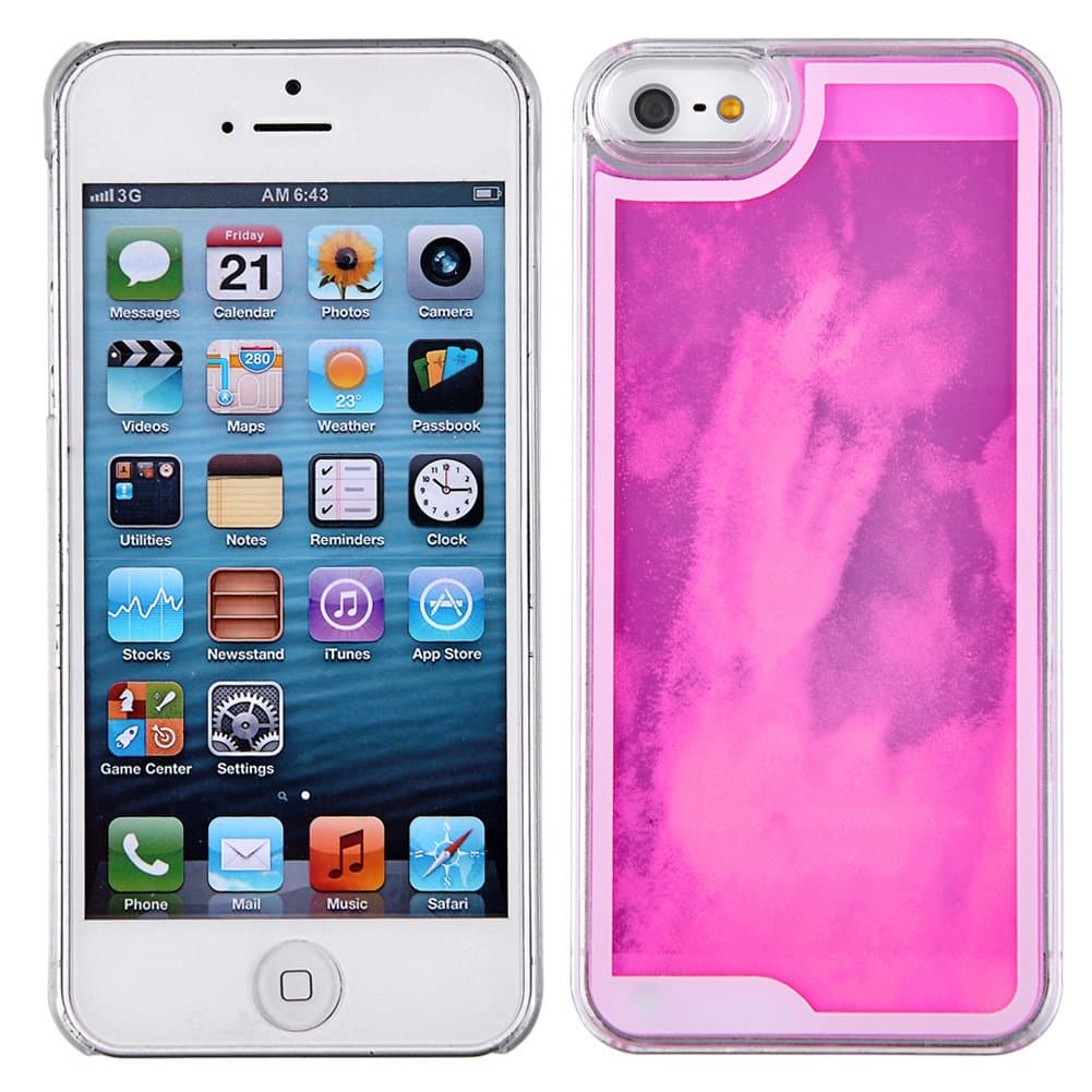 Fluorescent iPhone 5 5S Case-Yerwal Glow in the Dark Fluoresent Quicksand Liquid Hard Case Clear Cover For iPhone 5 5G 5S-Rose Red
