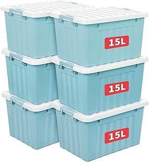 Cetomo 15L*6 Storage Boxes with Lids, Plastic Storage Box with Secure Side Latches, Stackable & Nestable Organizer for Home, Office, Moving, PP, Blue, 15L-6 Pack