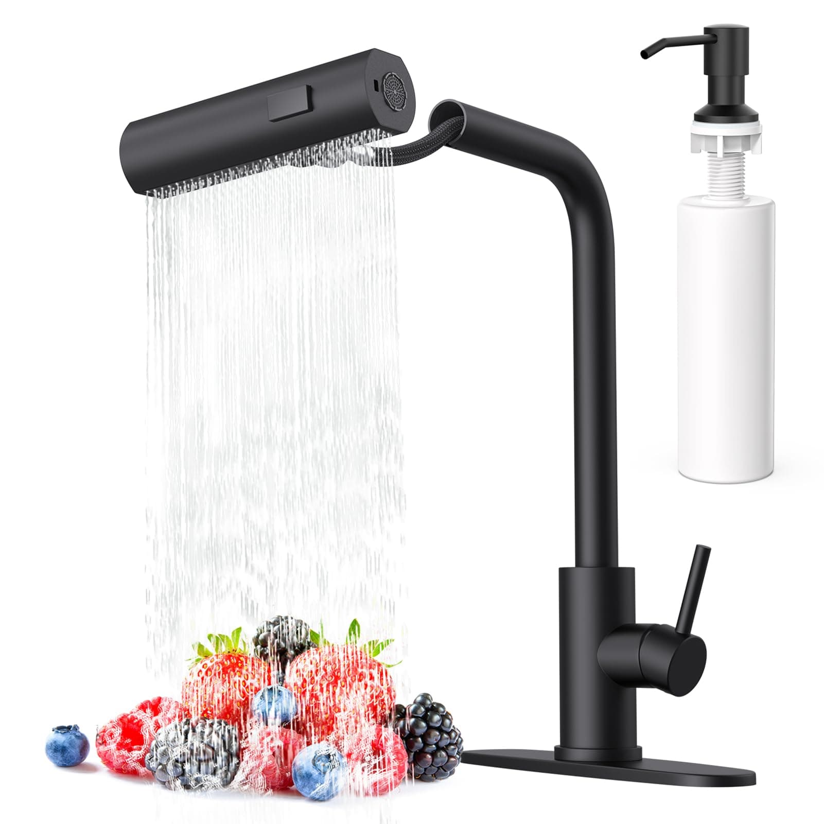 Matte Black Single Hole Kitchen Faucets with Pull Down Sprayer, Single Handle, High Flow Water, Pull Out Tap, Stainless Steel Sink Faucet, Suitable for Farmhouse Camper Laundry Rv Bar