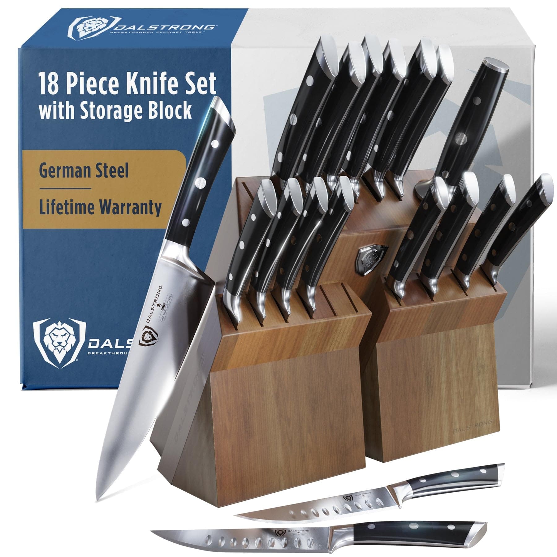 Dalstrong 18-Piece Kitchen Knife Set Block - High Carbon German Steel Full Tang - Acacia Wood Knife Block Set - Black Handles ABS Gladiator Series - Professional NSF Knives set for Kitchen Cuchillos