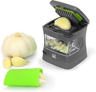 Kitchen Innovations Garlic-A-Peel Garlic Press, Crusher, Cutter, Mincer, and Storage Container - Includes Silicone Garlic Peeler - Easy to Clean - Stainless Steel Blades – (Grey), standard