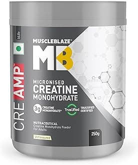 MuscleBlaze Micronised Creatine Monohydrate CreAMP Powder, Unflavoured (80 Servings, 250g) | Trustified Certified Creatine