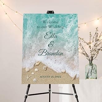 Personalized Beach Waves Wedding Welcome Sign, Beach Theme Wedding Party Sign, Editable Ocean Summer Welcome Poster Template, Ocean Seashell Party Decoration, Printable Sign Board