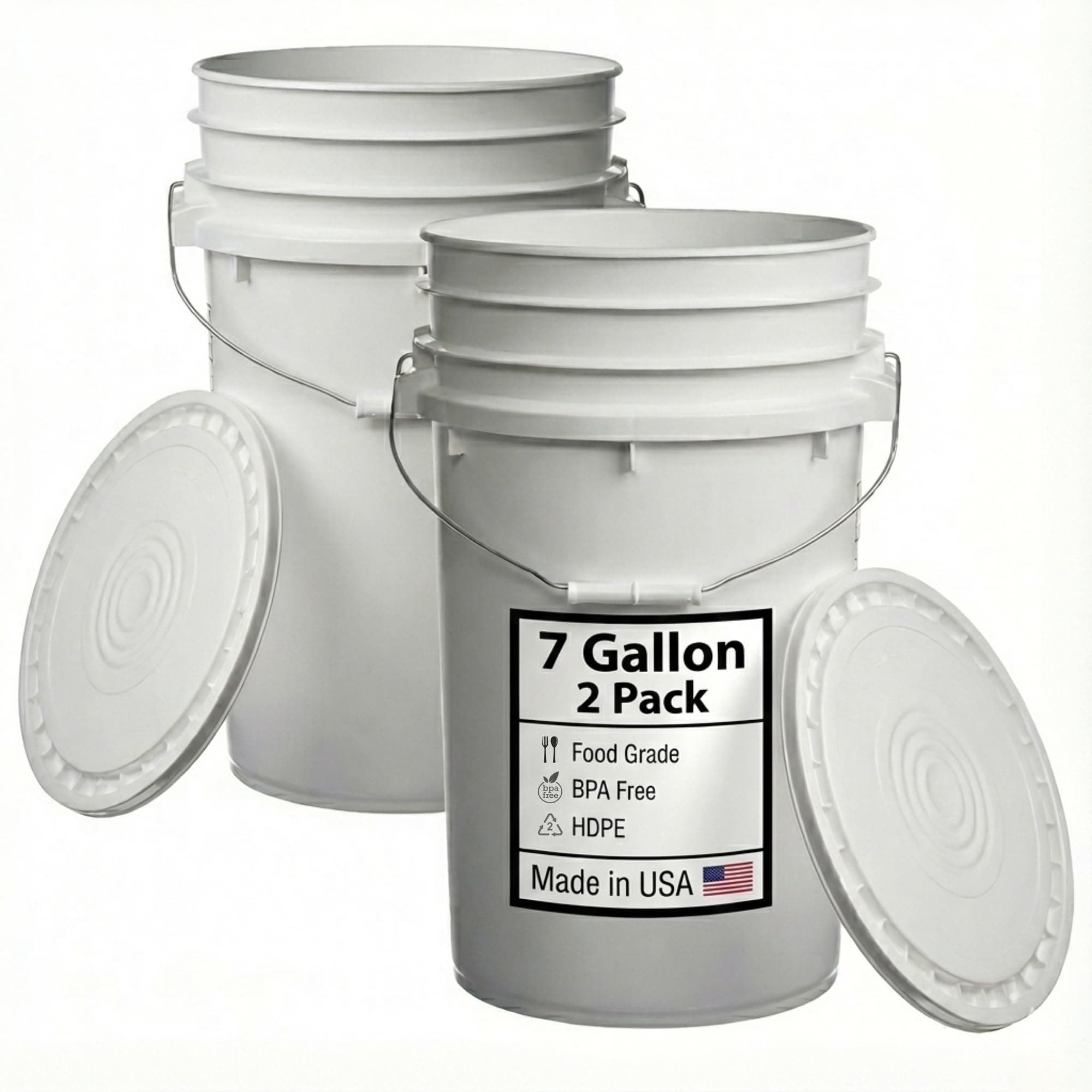 Hudson Exchange 7 Gallon (2 Pack) Large Bucket Pail Container with Easy Peel Lid, Food Grade BPA Free HDPE, White