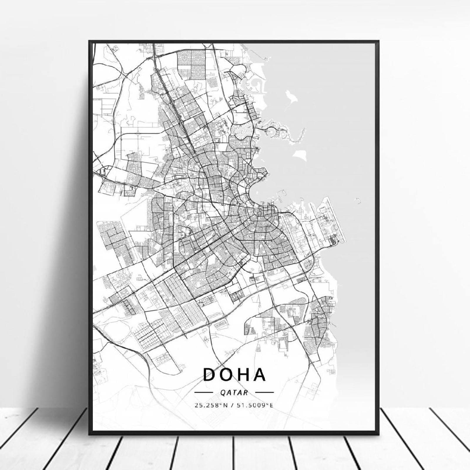 Black and White Doha Qatar Latitude Longitude Canvas Art Map Poster, Size: 40x50cm / 15.75x19.68 inches （No Frame） L-8