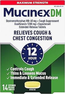 Mucinex DM 12Hr Maximum Strength Chest Congestion & Cough Medicine For Adults, Cold And Cough Medicine for Excess Mucus Relief, 1200 mg Guaifenesin & 60 mg Dextromethorphan HBr, 14 Bi-Layer Tablets