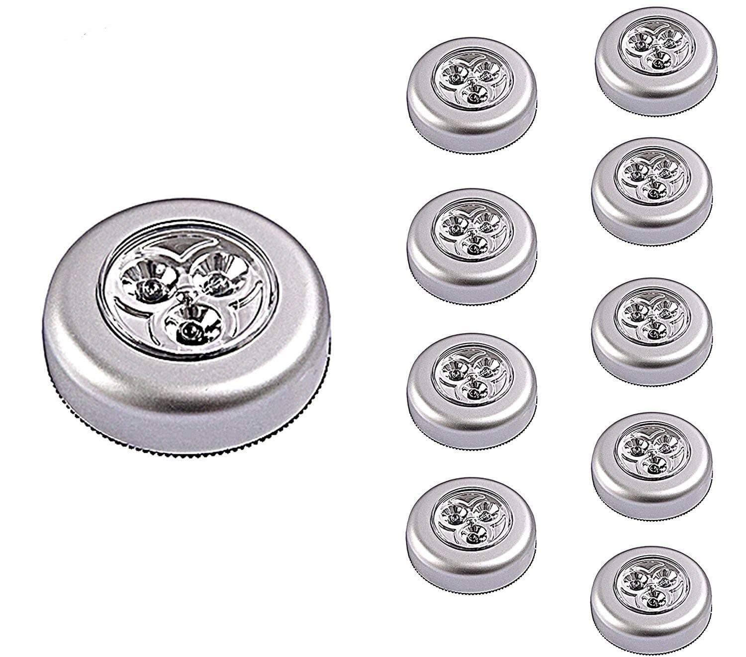 Elikeable LT LED Battery-Operated Stick-On Tap Light, Silver, Pack of 10 (10)