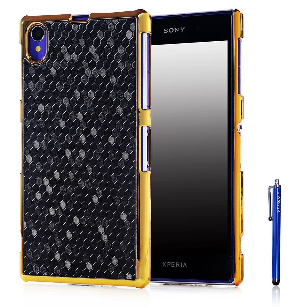 Xperia Z1 Case,Vfunn Elegant Golden Plating Hard Back Case Cover for Sony Xperia Z1 , with 1 Screen Protector 1 Clean Cloth Cleaner 1 Blue Stylus Pen (Sony Xperia Z1) (Black)