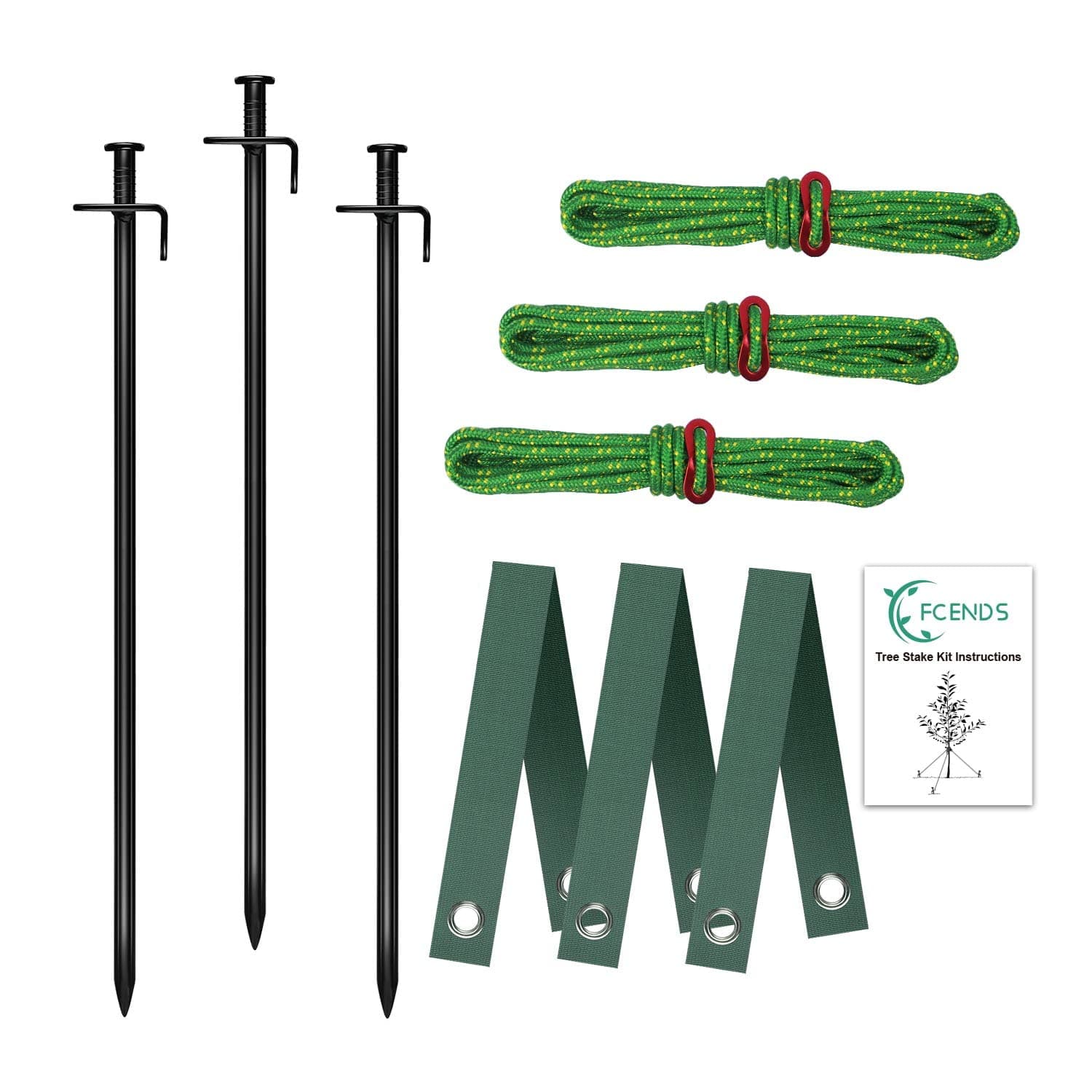 FCENDS Tree Stake Kit, Heavy Duty Anchor Support for Young Trees in Bad Weather, Includes 3 Tree Straps, 3 Metal Stakes (11.8 in), and 3 Ropes