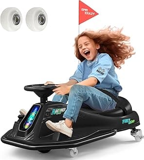 360 Degrees Rotating Ride On Drift Car, 24V Electric Drifting Go Kart for Kids W/Replacement Wheels, High/Low Speed, 24V Brushless Motor, Flashing Lights, Flag, Music,Bluetooth, Black