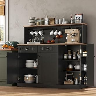 Sideboard Buffet Cabinet with 2 Drawers, Farmhouse Kitchen Pantry with Adjustable Shelves, Coffee Bar Cupboard Cabinet with 3 Doors for Kitchen, Dining Room (Black)