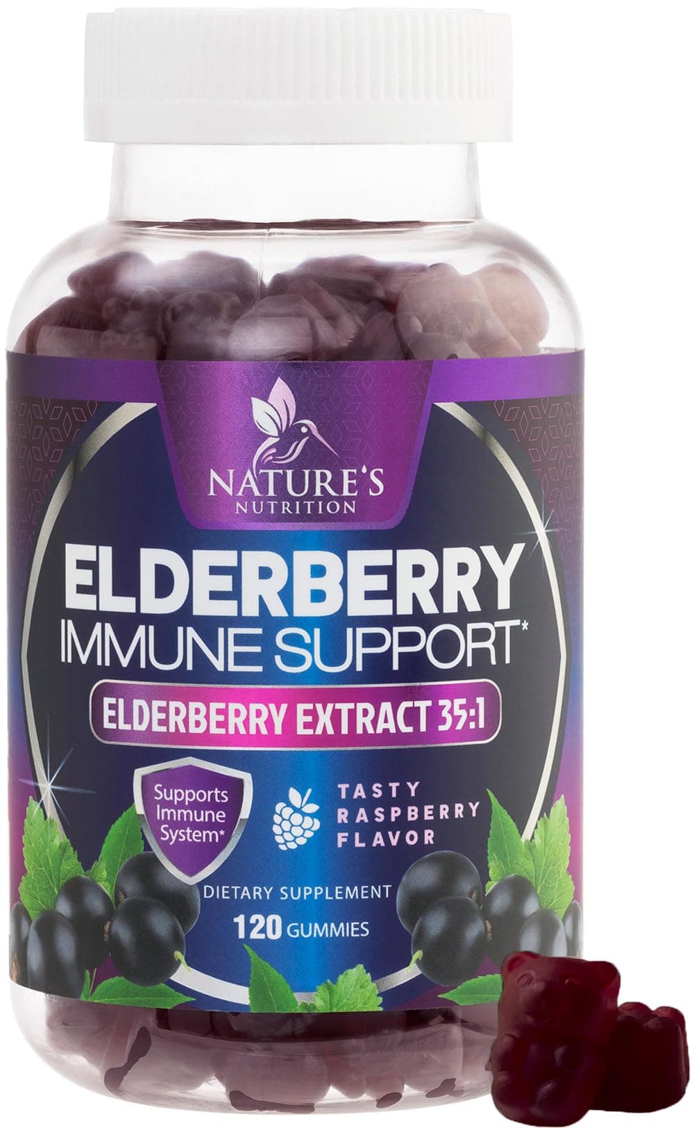 Elderberry Immune Support Gummies - Elderberry Extract Sambucus Nigra - Black Elder Berry Vitamin Supplement - Natural, Daily Immune Support Kids & Adults Love - Delicious Berry Flavor - 120 Gummies