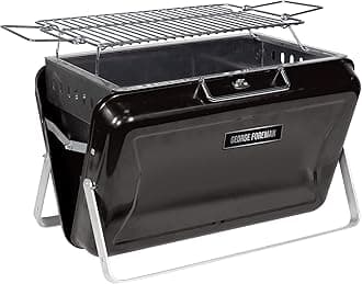 George Foreman Portable Charcoal BBQ, On-The-Go Toolbox, Portable, Sturdy Foldable Legs, Convenient Handle, Lightweight, Camping, Black, Charcoal Barbecue, GFPTBBQ1005B