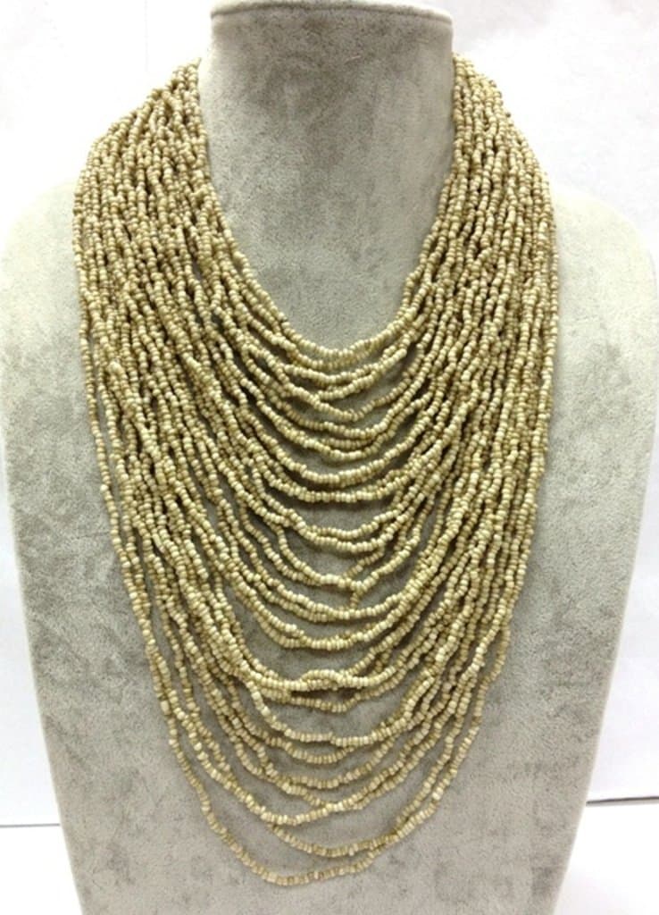 2-6 Day Delivery- Multiple Colors Available, Including Metallic Colors Handmade 32 Strand Layered Necklace with Loop Tie Clasp or Stretchy 15 Row Bracelet Beaded Balinese Multi Strand Glass Beaded Jewelry Trendy Unique Design Modern Indonesian Fashion Accessory from Bali (Necklace, Cream Antik)