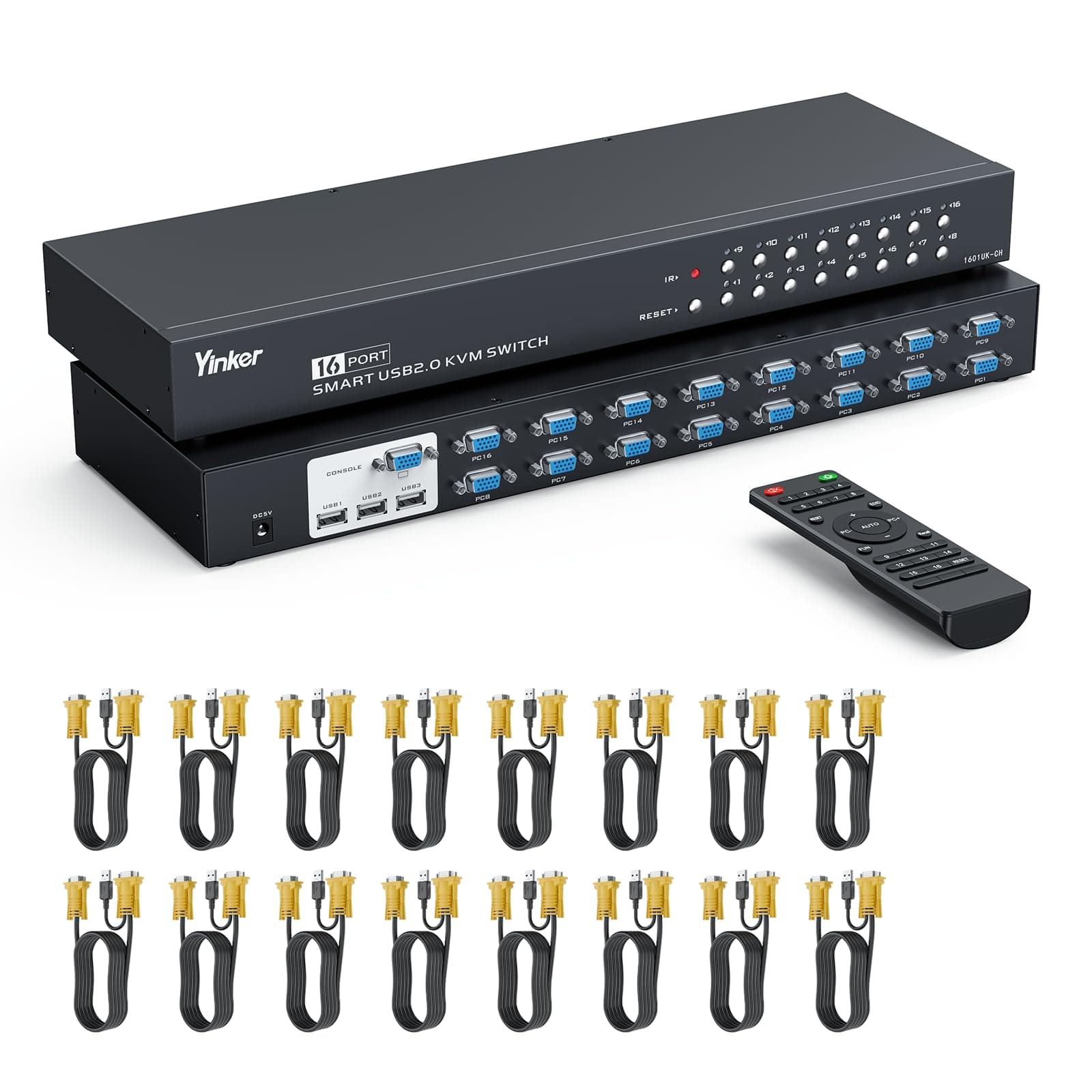 16 Port KVM Switch, Rack KVM Console VGA 16x1 w/16-Pack Cables IR Remote & Ears Support 1U Rack Cabinet