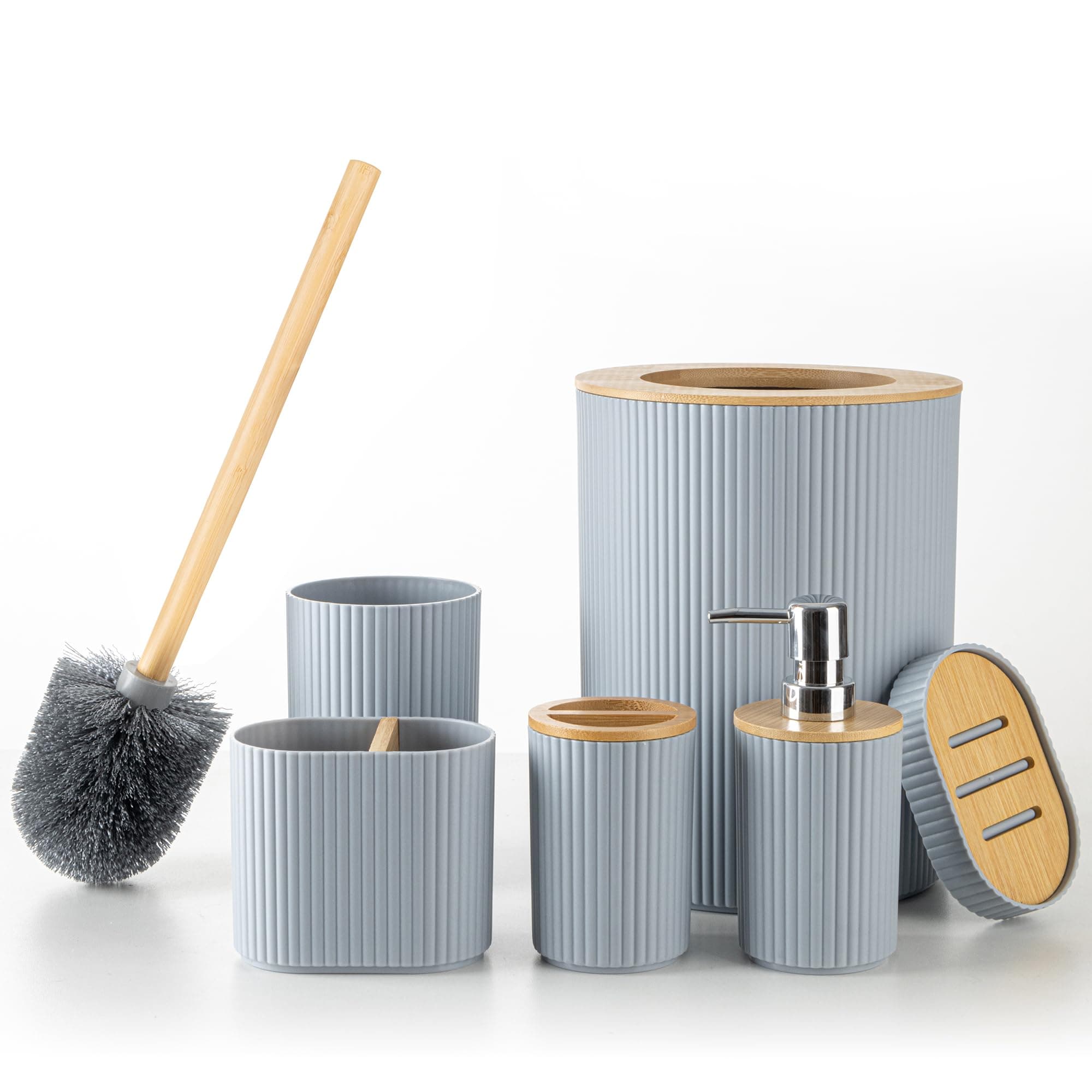 Fun Memories Bathroom Accessories Set 6 Pieces Bath Ensemble Includes Toothbrush Holder, Soap Dispenser, Toothbrush Cup, Soap Dish for Decorative Countertop and Housewarming Gift, Grey