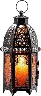 Vintage Large Size Decorative Ramadan Candle Lantern, 12.8’’ Metal Hanging&Tabletop Moroccan Lantern Candle Holder Decor, Halloween Christmas Decorations for Home Indoor Outdoor Patio (Amber)