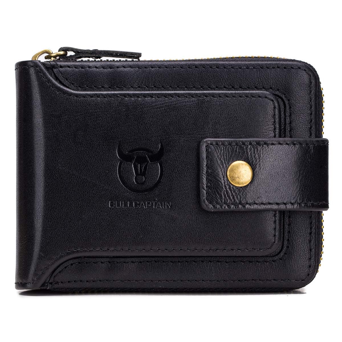 Genuine Leather RFID Wallet for Men Large Capacity ID Window Card Case with Zip Coin Pocket QB-231, Black, Small, Minimalist