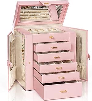 AKOZLIN 6-Tier Jewelry Box Organizer Functional Leather Jewelry Storage Case for Women Girls Ring Necklace Earring Bracelet Holder Organizer with Mirror