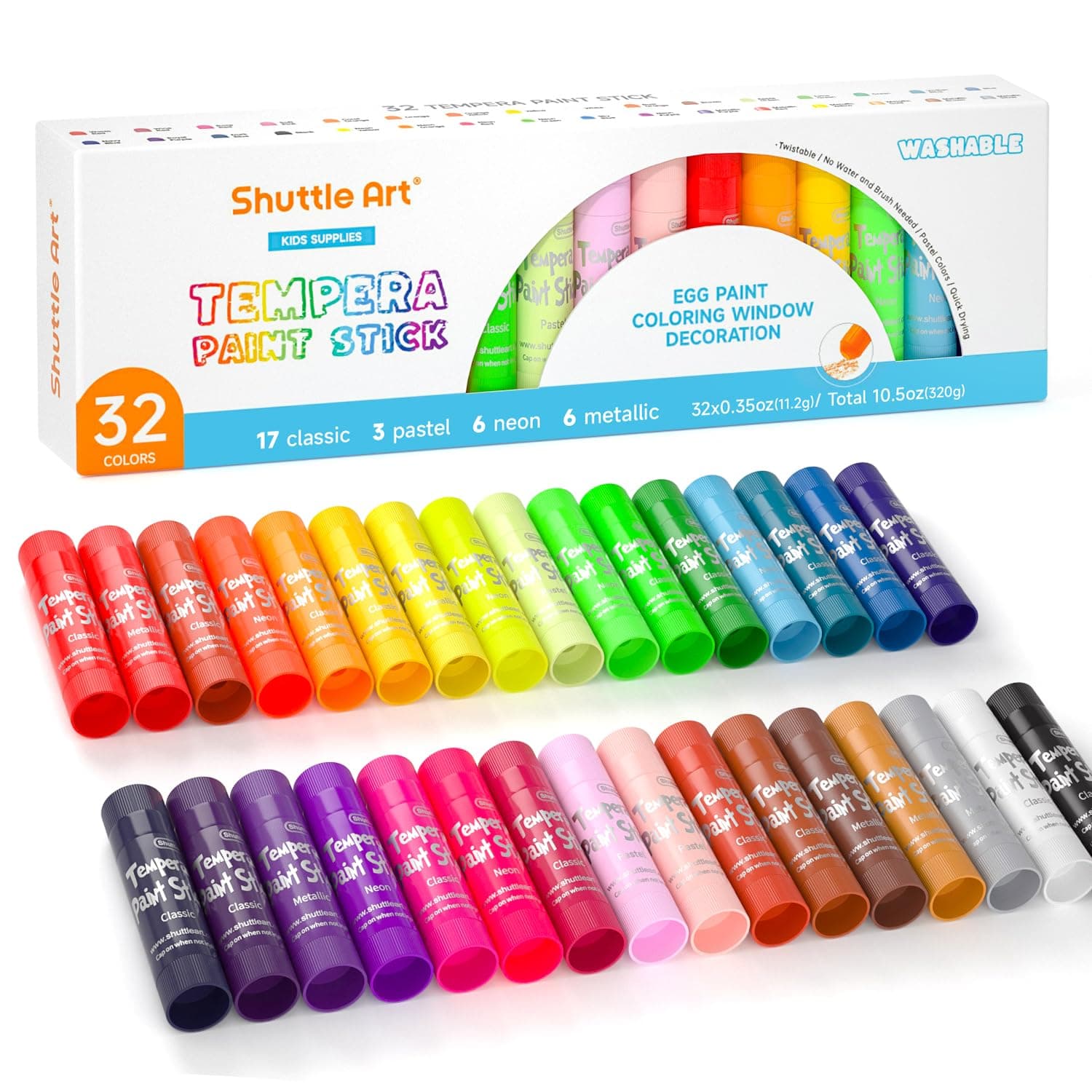 Tempera Paint Sticks, 32 Colors Solid Tempera Paint for Kids, Super Quick Drying, No-Toxic, Works Great on Paper Wood Glass Ceramic Canvas